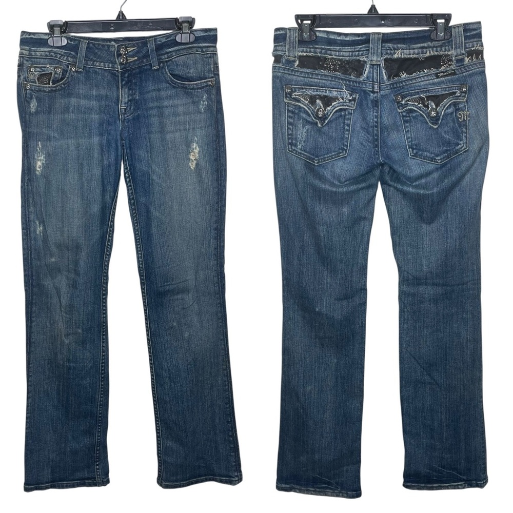 Miss‎ Me Low Rise Bootcut Jeans Medium Wash Flap Pocket Embellished 28